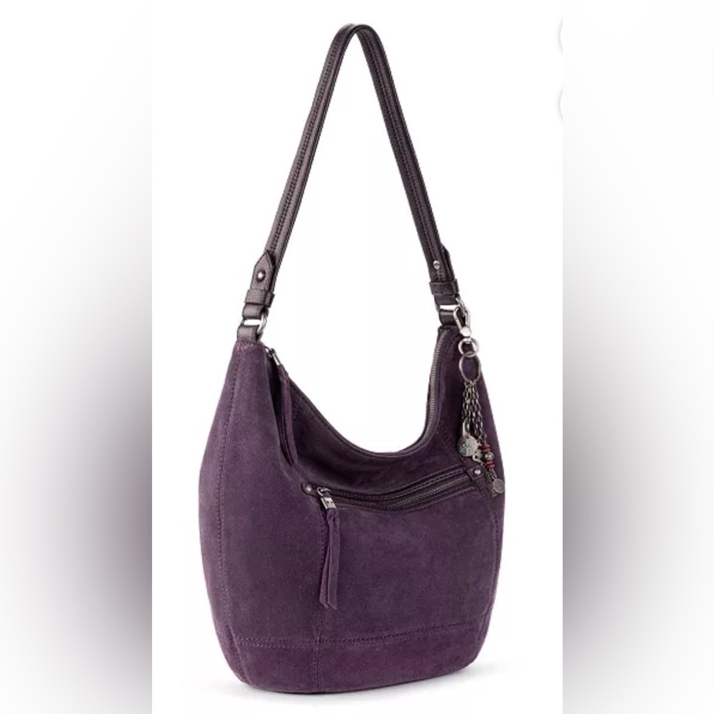 The SAK Sequoia Suede Hobo Leather Bag Inside/Outside Pockets Aubergine/Purple